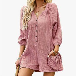 NWOT: 3/4 Sleeve Short Rompers Casual Loose V Neck Button Down Jumpsuit